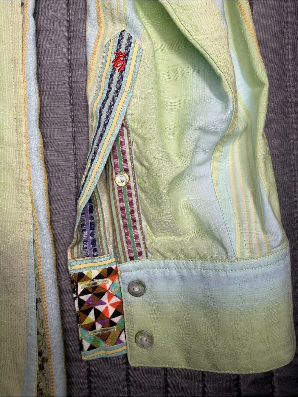 Robert Graham Pale Green and Cream Striped Button-Down Shirt L - Picture 6 of 14